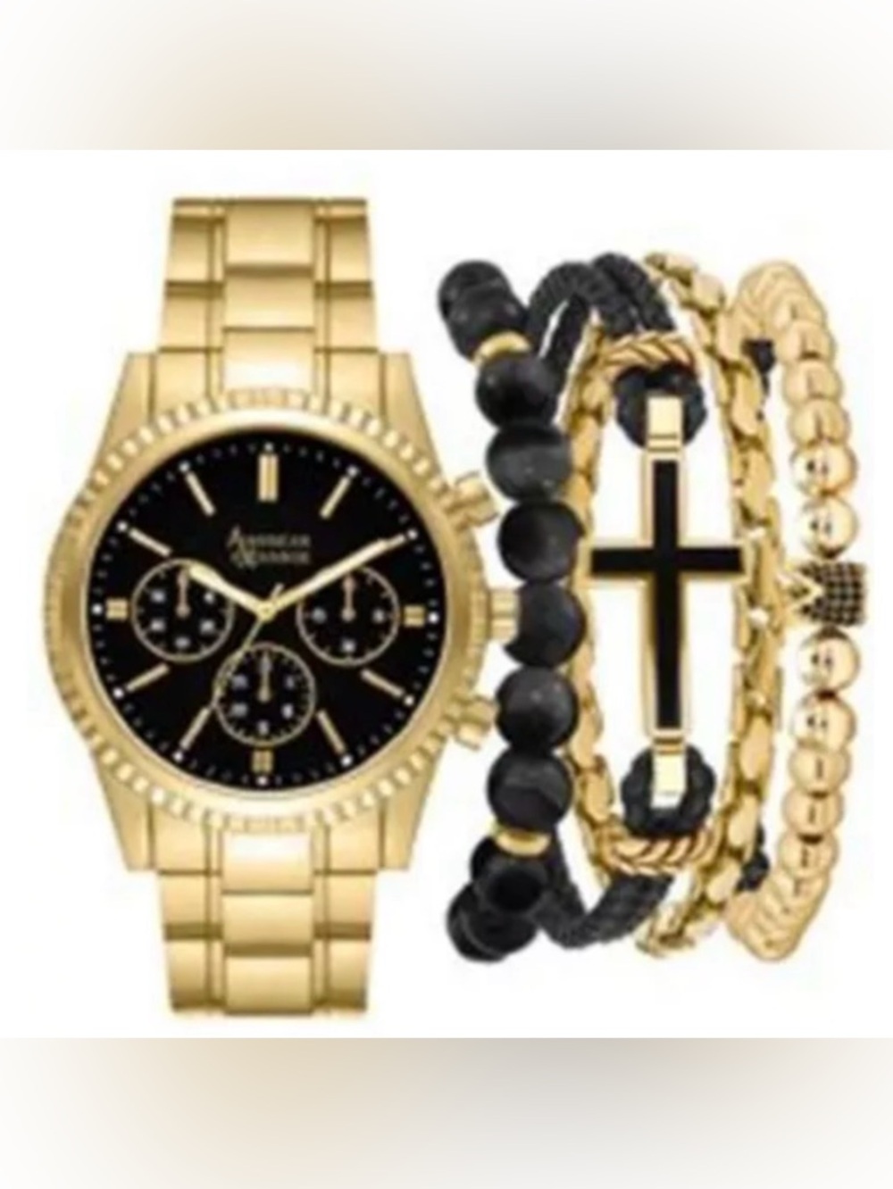 American Exchange Shiny Gold Tone Metal Watch & Bracelet Set